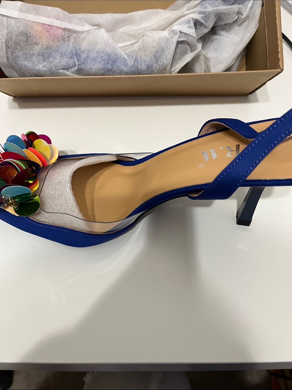 Royal Blue Slingback Heels with Multicolor Sequin Flower Accent